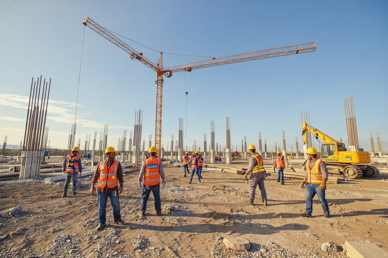 Construction site with workers and machinery